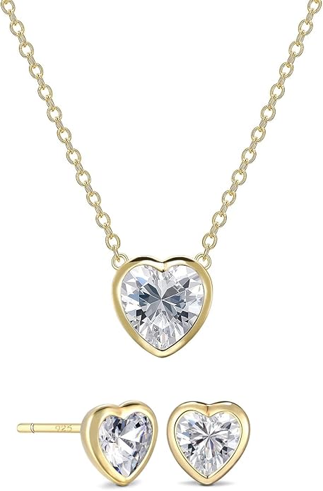 925 Sterling Silver Cubic Zirconia Necklace and Earrings Set for Women, Heart, Cushion, Round, Emerald Cut CZ, Solitaire Bezel Jewelry Set, CZ Bridal Jewelry Set, Bridesmaid Gift