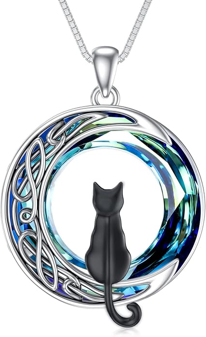 TOUPOP Christmas Cat Gifts for Cats Lovers One Two Three Four Cats Necklace Sterling Silver Cats on the Moon Pendant Necklace with Blue Circle Crystal Birthday Christmas Celtic Jewelry Gifts for Women