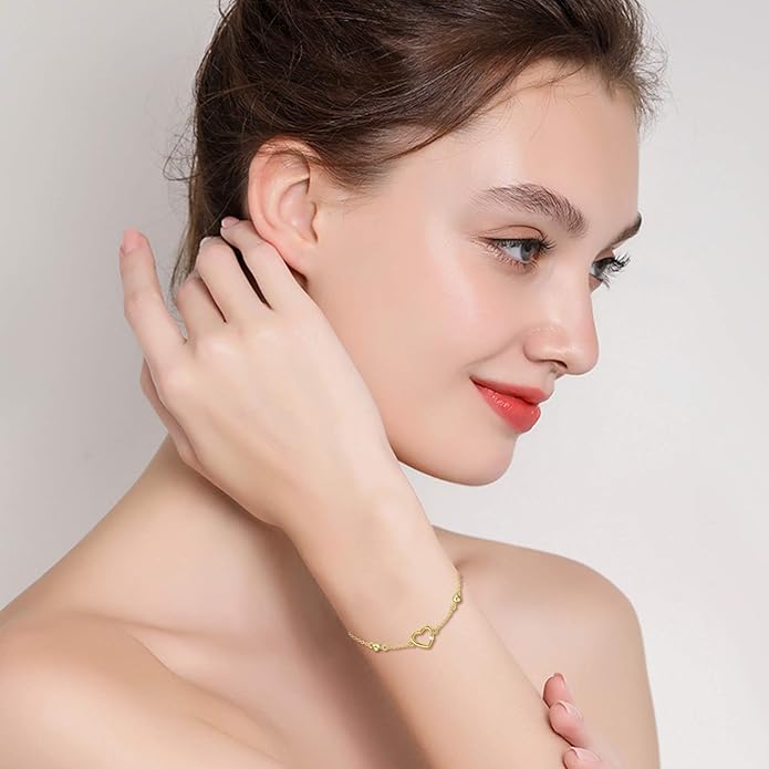 14K Solid Gold Moissanite Heart Bracelet for Women, Real Gold Love Heart Bracelets Anniversary Christmas Jewelry Gift for Her, Wife, Mom, Sister 8"