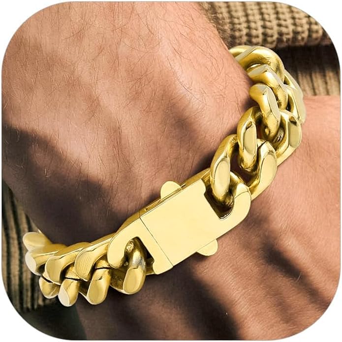 Richsteel 5/7/9/12mm Wide Miami Cuban Link Chain Bracelet for Men Women,Stainless Steel/Gold/Black Plated,7.4/8.2/9 Inch Length,Hip Hop Urban Street-wear Jewelry(Gift Wrapped)