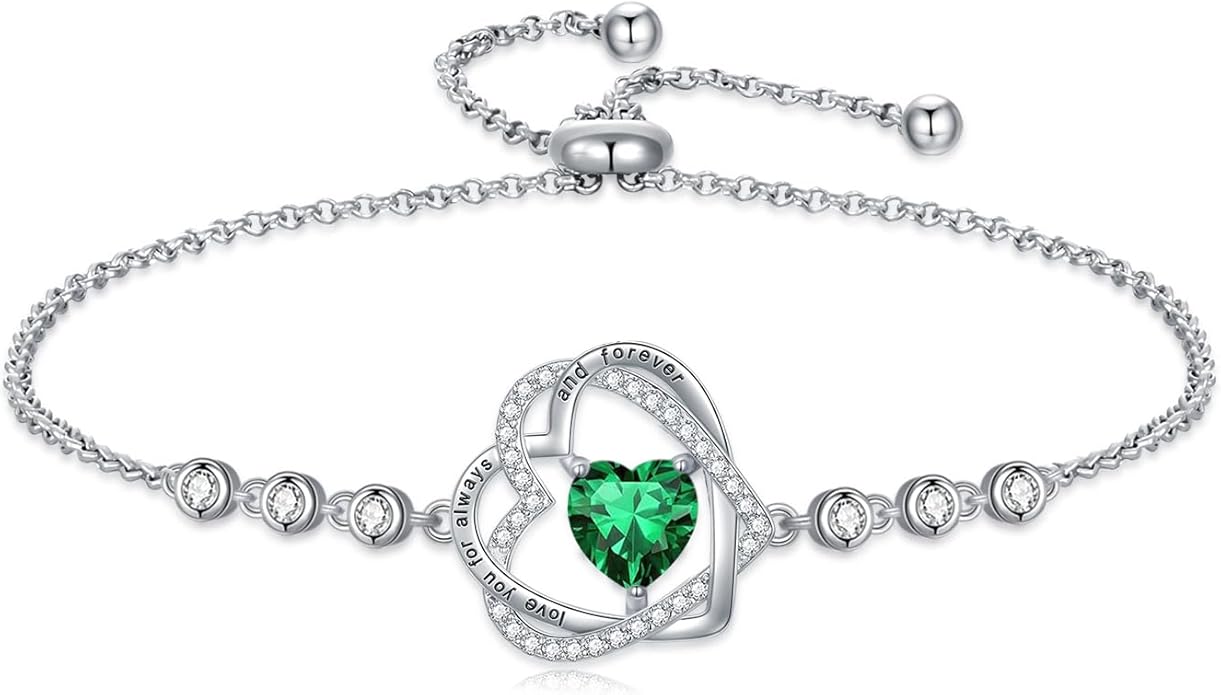 TOUPOP Heart Birthstone Bracelet 925 Sterling Silver Double Heart Bracelet Love You for Always and Forever Jewelry Anniversary Birthday Christmas Gifts for Women Wife Her