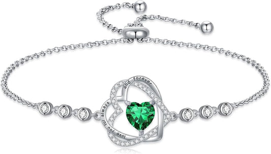 TOUPOP Heart Birthstone Bracelet 925 Sterling Silver Double Heart Bracelet Love You for Always and Forever Jewelry Anniversary Birthday Christmas Gifts for Women Wife Her