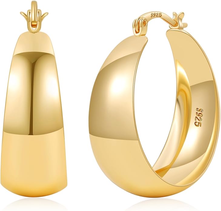 EXGOX Gold Hoop Earrings for Women Sterling Silver Post Hoops Earrings for Women Wide Thick Silver Hoop Earrings Hypoallergenic Lightweight 14k Real Gold Plated Hoop Large Earrings (25/30/40/50MM)