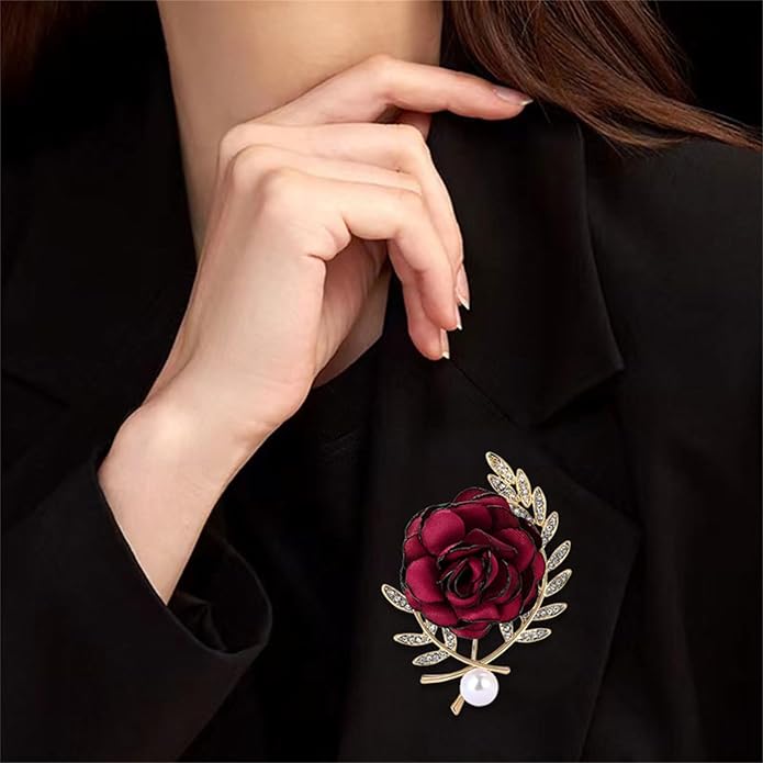 Dreuyet Rose Flower Brooch for Women Dainty Elegant Satin Fabric Flower Lapel Pins Vintage Pearl Camellia Crystal Pin Dress Suit Accessories Valentine's Day Wedding Bouquet Jewelry ﻿