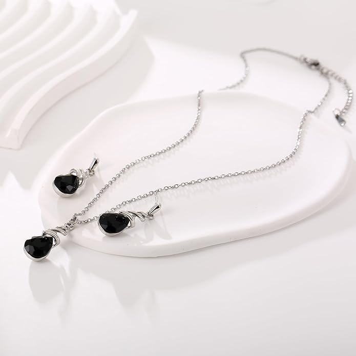RUOFFETA Teardrop Crystal Jewelry Set, Birthstone Pendant Necklace Drop Dangle Earrings for Women