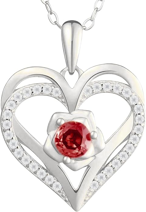 Birthstone Pendant Necklace for Women, Heart Jewelry with Rose Flower Birthday Gift Idea for Wife Girlfriend Mom Friendship on Valentine‘s Day Anniversary Christmas Wedding, 925 Sterling Silver