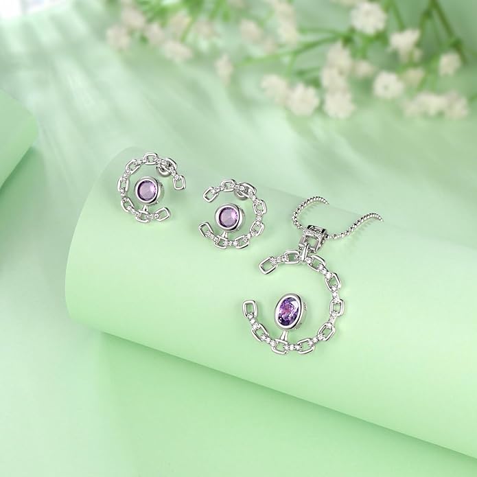 Ydou Elegant C-Shaped Crystal Necklaces/Stud Earrings Set with Birthstone Jewelry Set Silver Plated Fashion Jewelry for Women CS0003