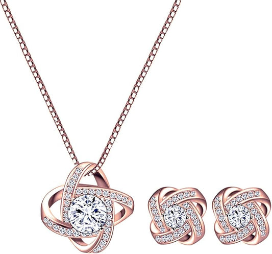 AMYJANE Bridal Jewelry Set for Women - Crystal Cubic Zirconia Love Knot Necklace Stud Earrings Elegant CZ Jewelry Set for Wedding Bride Bridesmaids Gift Set