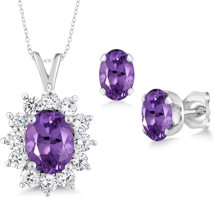 Gem Stone King 8X6MM and 6X4MM Oval Gemstone Birthstone Pendant and Earrings Jewelry Set For Women | 925 Sterling Silver | Fine Jewelry Gifts for Her Mom Women Wife | With 18 Inch Chain