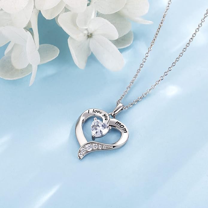 NINAMAID Mom Necklace 925 Sterling Silver Heart Necklaces for Women Engraved I Love You You Mom Gifts for Mom from Daughter