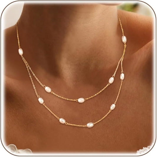 Layered Pearl Choker Necklaces for Women Gold Plated Dainty Trendy Faux Pearl Drop Pendant Y Shaped Layered Gold Necklace Wedding Bridal Jewelry
