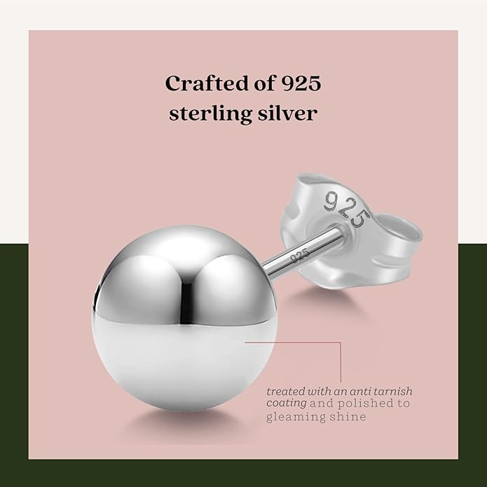 KEZEF Sterling Silver Ball Stud Earrings Hypoallergenic Earrings for Women | Available in Sterling Silver, Rose Gold, or 14K Gold Plated Silver (2mm-10mm)