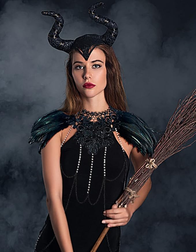 L'VOW Real Black Feather Harness Lace Collar Necklace Bib Halloween