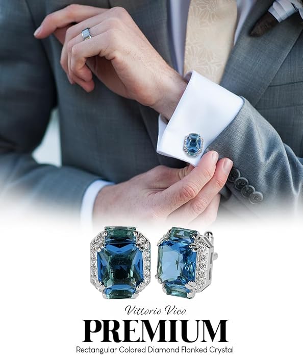 Rectangular Colored Diamond-Flanked Crystal Cuff Links – Tuxedo Suit Accessories, Cufflinks for Men