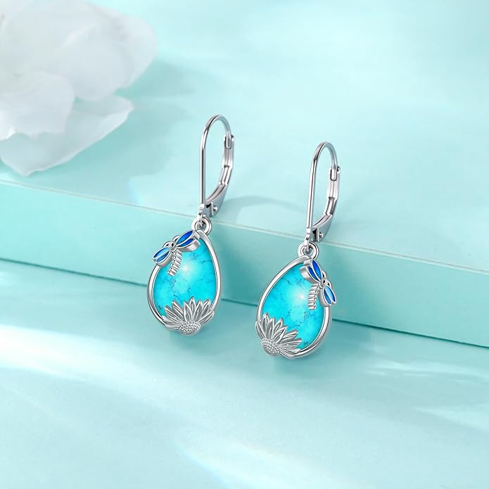 Eusense Sterling Silver Dangle Earrings for Women Tree of Life Animals Moonstone Turquoise Leverback Earrings Jewelry Gifts