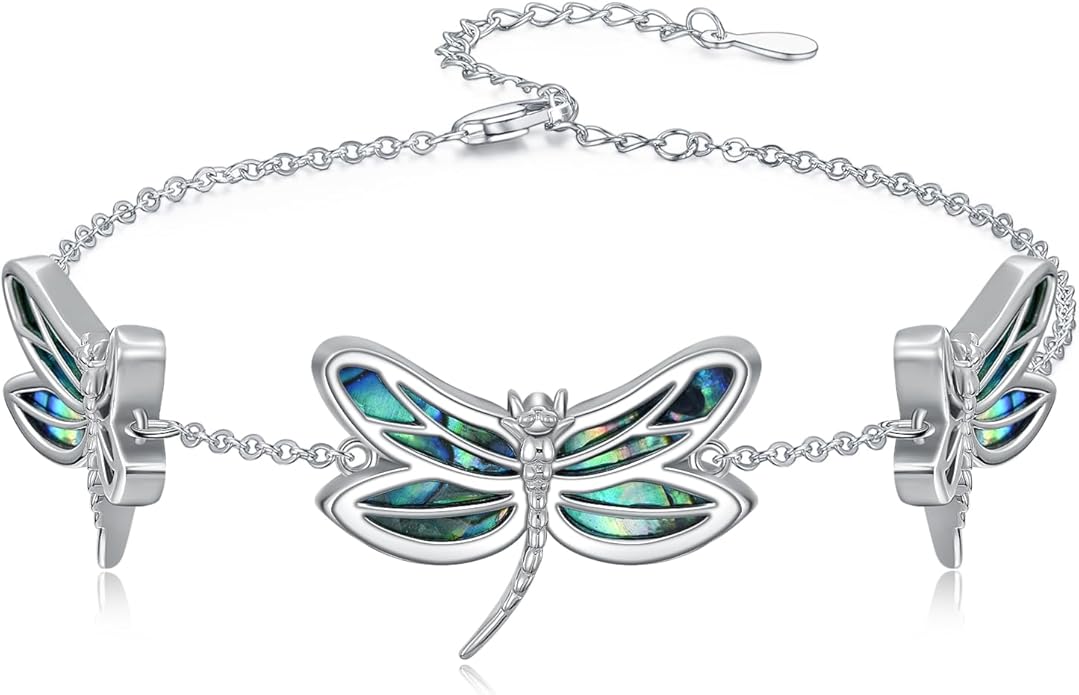 Dragonfly Abalone Bracelet 925 Sterling Silver, Adjustable Bohemian Bracelets, Genuine Abalone Shell Jewelry Birthday Gift for Her