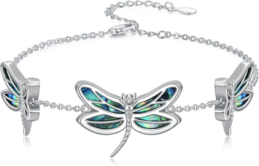 Dragonfly Abalone Bracelet 925 Sterling Silver, Adjustable Bohemian Bracelets, Genuine Abalone Shell Jewelry Birthday Gift for Her