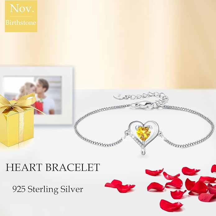 LAVUMO Love Heart Bracelets for Women 925 Silver Charm Birthstone Bracelet Adjustable Anniversary Birthday Jewelry Gifts for Women Girlfriend Wife Daughter Mom Her