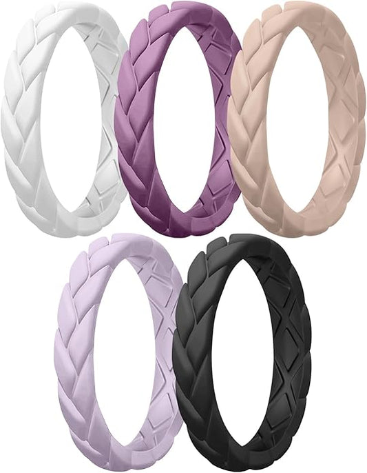Egnaro Women's Silicone Stackable Rings 3.5mm Wide 2mm Thick, Rubber Flexible Hypoallergenic Wedding Bands For Workout Leaf Braided Fashion