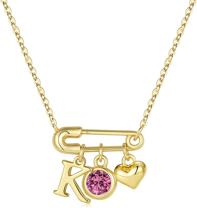 MONOOC Christmas Gifts for Women Girls - 14K-Gold-Plated Dainty Paperclip Heart Initial Necklace Birthstone Necklace Jewelry Birthday Gifts for Women Her Mom Friend Wife Sister
