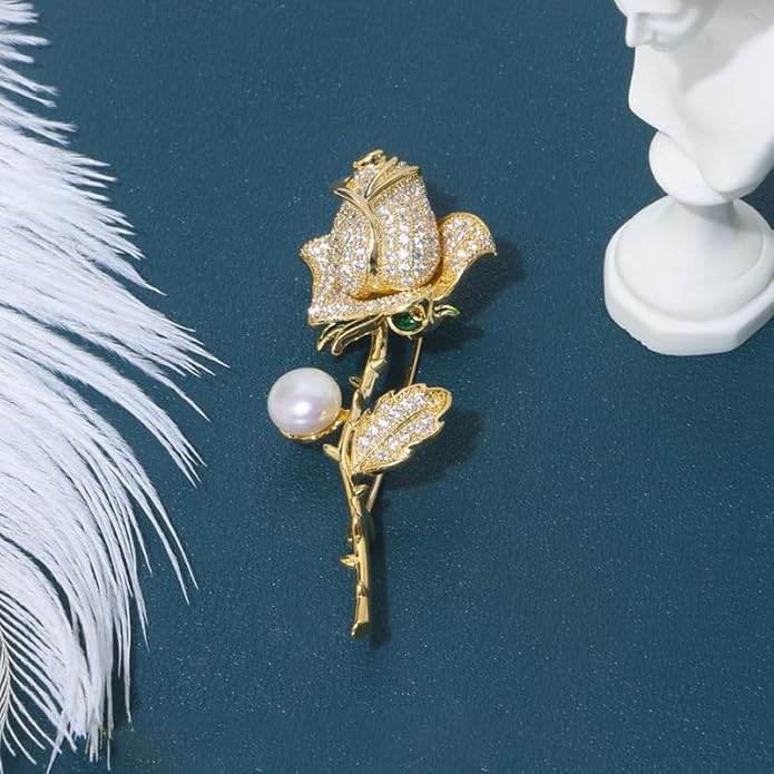 14K Gold Moissanite Rose Flower Brooch - Chic & Elegant Jacket Pin, Ideal Mother's Day Gift, Timeless Women's Accessory, Ideal for Special Occasions