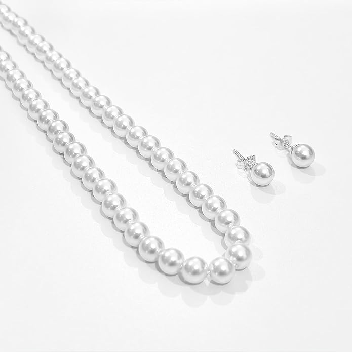 Zeffy Gold Pearl Necklace for Women, Dainty 14K Gold/Silve Plated Layered Pearl Choker Pearl Earrings Pearl Bracelets Wedding Trendy Gold Jewelry Set for Women Gifts