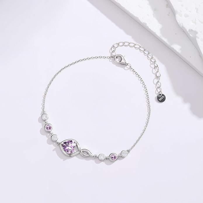 Infinity Birthstone Bracelet 925 Sterling Silver Heart Love Infinity Link Bracelet Fine Jewelry Birthday Christmas Gifts for Women Girlfriend Wife