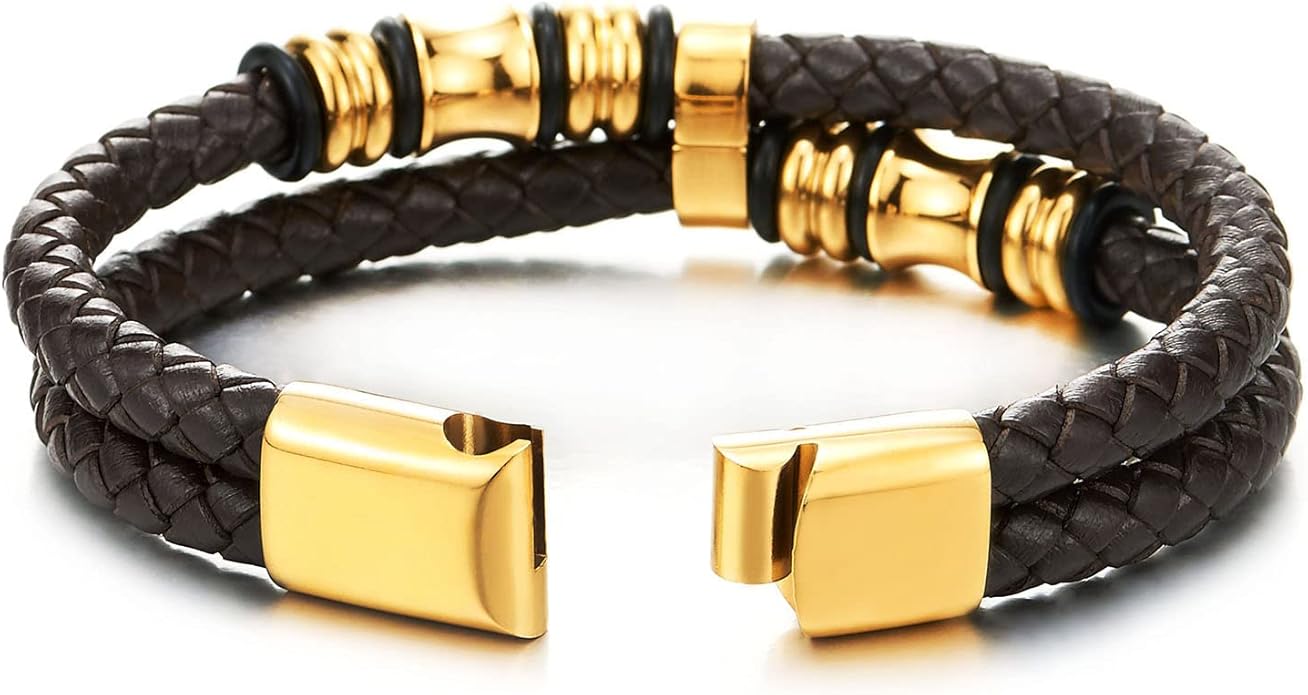 COOLSTEELANDBEYOND Mens Double-Row Braided Leather Bracelet Bangle Wristband with Stainless Steel Ornaments