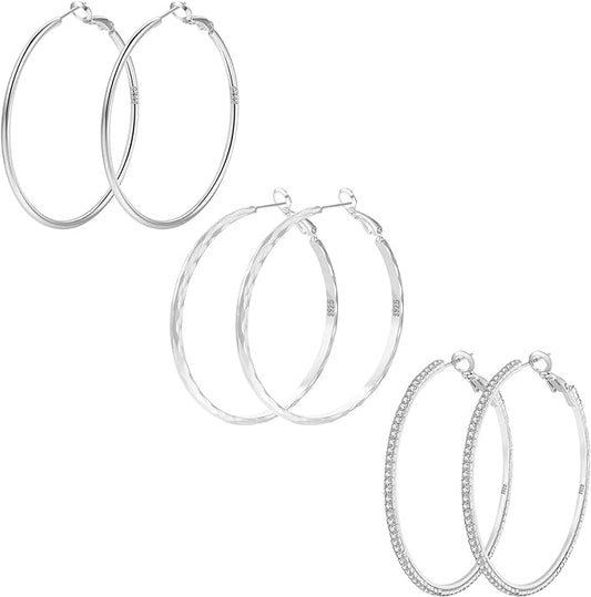 925 Sterling Silver Earrings Large Rhinestone Hoop Earrings Big Cubic Zirconia Hoop Earrings Thin Rhinestones Round Hoop Earrings for Women 20/30/40/50/60/70mm Sparkly Hoops With Crystals for Womens