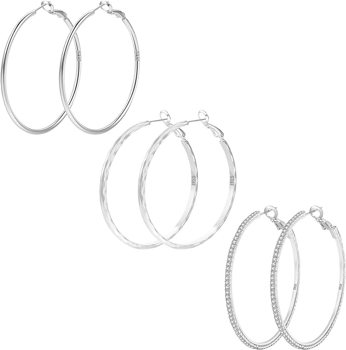 925 Sterling Silver Earrings Large Rhinestone Hoop Earrings Big Cubic Zirconia Hoop Earrings Thin Rhinestones Round Hoop Earrings for Women 20/30/40/50/60/70mm Sparkly Hoops With Crystals for Womens