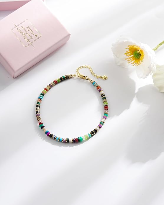 XIJIN Natural Stone Beaded Anklets for Women Handmade Beach Boho Turquoise Beads Ankle Bracelet Jewelry Gift for Her