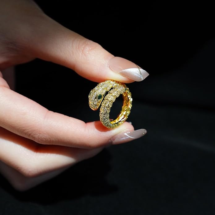 Aura & lrena Adjustable Snake Rings for Wome, 18K Gold or Platinum Plating Open-Ended Ring with AAA Cubic Zirconia Fashion Jewelry, Statement Gift Design Rings for Men and Women Non Tarnish