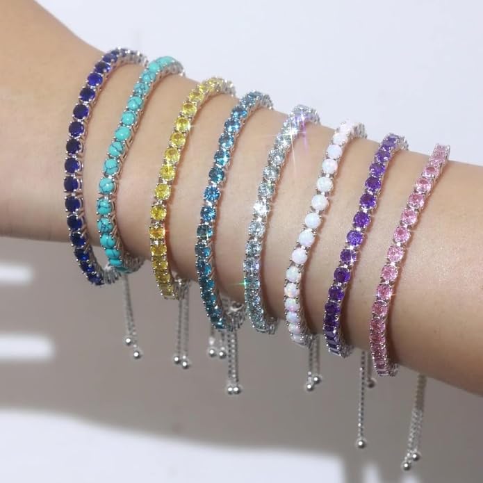 FANCIME Birthstone Bracelet Jewelry for Women Sterling Silver Tennis Bracelet Classic Bolo Adjustable Chain Fine Jewelry Anniversary Birthday Gifts for Women Mom Wife Her