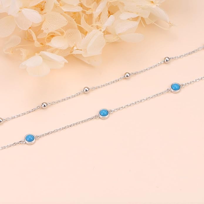 FLYOW Anklet for Women S925 Sterling Silver Adjustable Foot Beaded Heart Charm Ankle Bracelet Anklets Jewelry