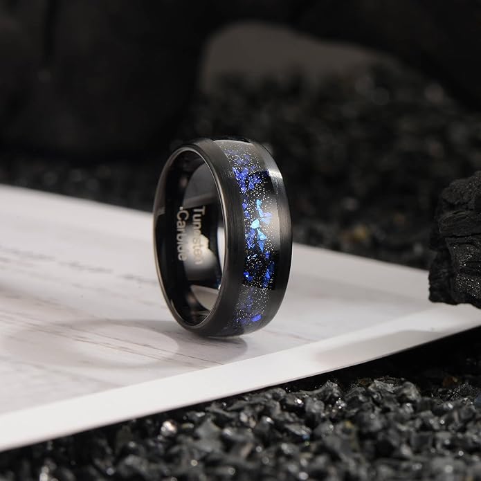 Men's 8mm Black/Gold Tungsten Carbide Wedding Ring Nebula Galaxy Wedding Promise Gold Foil Inlay Real Meteorite Matte Bevel Comfort Fit