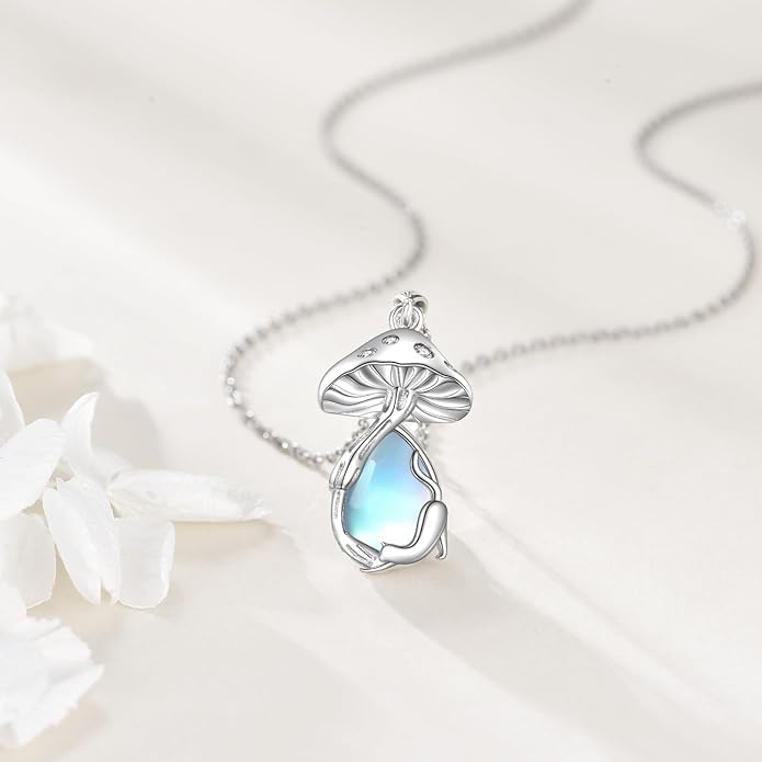YAFEINI Mushroom Necklace Moonstone/Moss Agate/Malachite/Labradorite/Turquoise/Amber/Larimar/Black Onyx/Lapis Lazuli/Peridot/Opal Sterling Silver Mushroom Pendant Mother's Day Jewelry for Women Mom
