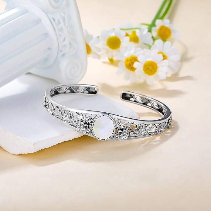 Genuine Turquoise Vintage Flower Bracelet Bangle, Sterling Silver Boho Adjustable Bangle Cuff Native American Jewelry for Women, Fit for 6.5 7 7.5 Inches