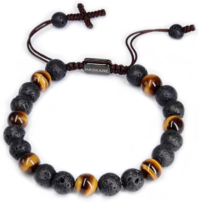 HASKARE Triple Protection Crystal Bracelets for Men, Premium Tiger Eye Bracelet Lava Healing Bracelet Fathers Day Gift, Handmade Cross Stress Relief Beads Bracelets Mens Jewelry Gift for Dad Grandpa