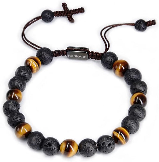 HASKARE Triple Protection Crystal Bracelets for Men, Premium Tiger Eye Bracelet Lava Healing Bracelet Fathers Day Gift, Handmade Cross Stress Relief Beads Bracelets Mens Jewelry Gift for Dad Grandpa