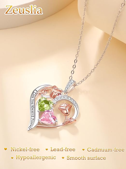 Zeuslia Double Birthstone Necklace Gifts for Wife - 925 Sterling Silver Sunflower/Rose/Crown Cross/Compass/Heart Pendant I Love You Necklace, Anniversary Birthday Gifts for Wife Girlfriend Mom Her