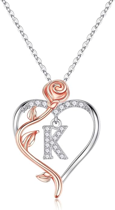 Yesteel Rose Heart Initial Necklaces Gifts for Women Teen Girls, Rose Love Heart Letter Pendant Necklace Jewelry Mothers Day Valentines Anniversary Birthday Gifts for Her Women Wife Girlfriend
