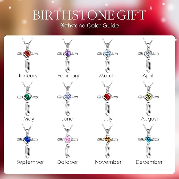 NINAMAID Cross Necklace for Women, 925 Sterling Silver Birthstone Necklace for Women with Diamond Sideways Cross Necklaces Birthstone Jewelry Birthday Gifts for Womens