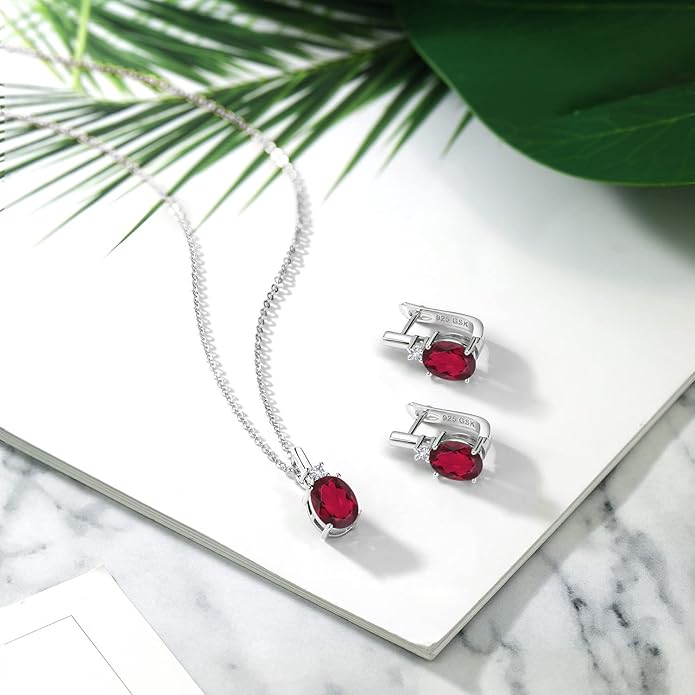 Gemstone Birthstone and White Created Sapphire Pendant and Earrings Jewelry Set for Women in 925 Sterling Silver | Oval 8X6MM and Round 2.5MM | With 18 Inch Chain | Fine Jewelry for Her Mom Women Wife