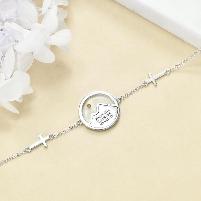 AOBOCO Mustard Seed Bracelet S925 Sterling Silver Mountain Cross Bracelets Christmas Christian Faith Jewelry Mothers Day Birthday Gifts for Mom