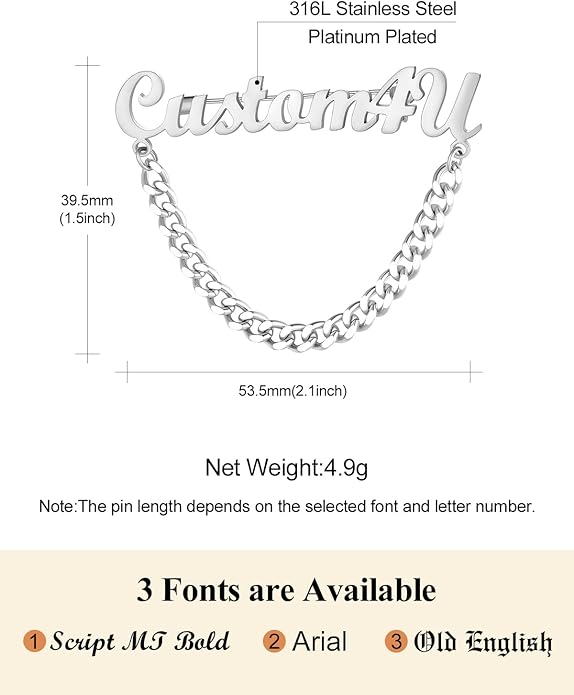 Custom4U Custom Name Pin Personalized Brooch Pins for Women Men Stainless Steel Name Tag with Letters/Initials - Silver/Gold/RoseGold/Black Customized Jewelry Gifts for Birthday Wedding Business Party
