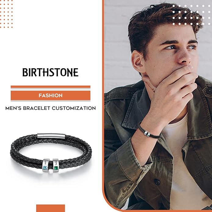 kaululu Custom Leather Bracelet for Men with 1/2/3/4/5/6/7/8 Birthstones Engraved Stainless Steel Beads Personalized Names Bracelet for Father's Day Christmas Thanksgiving Gift for Men