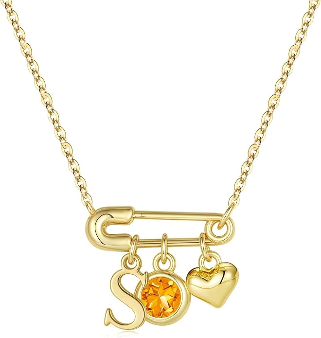 MONOOC Christmas Gifts for Women Girls - 14K-Gold-Plated Dainty Paperclip Heart Initial Necklace Birthstone Necklace Jewelry Birthday Gifts for Women Her Mom Friend Wife Sister
