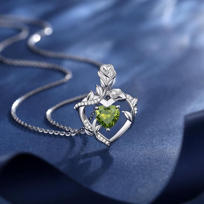 AGVANA Rose Birthstone Necklace for Women Sterling Silver Rose Flower Heart Necklace Fine Jewelry Anniversary Birthday Gifts for Women Wife Mom Her, Length: 18"+2"