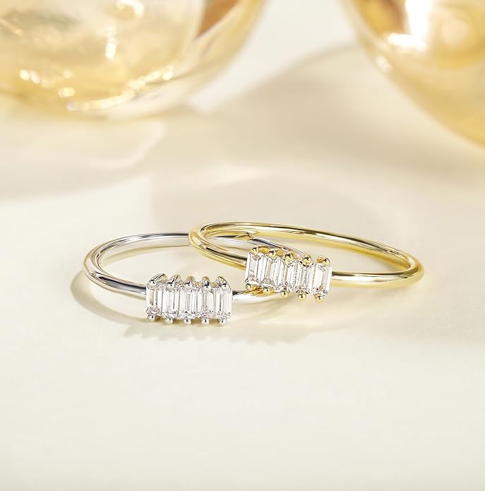 TIGRADE 1.5mm Eternity Ring 14k Gold Plated Stacking Ring Baguette Cubic Zirconia Petite Wedding Band for Women Size 3-12