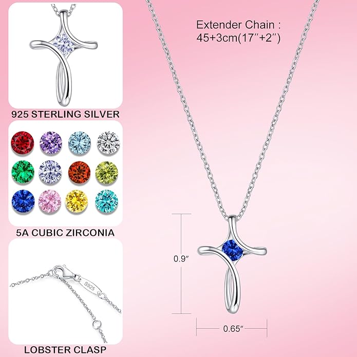 NINAMAID Cross Necklace for Women, 925 Sterling Silver Birthstone Necklace for Women with Diamond Sideways Cross Necklaces Birthstone Jewelry Birthday Gifts for Womens
